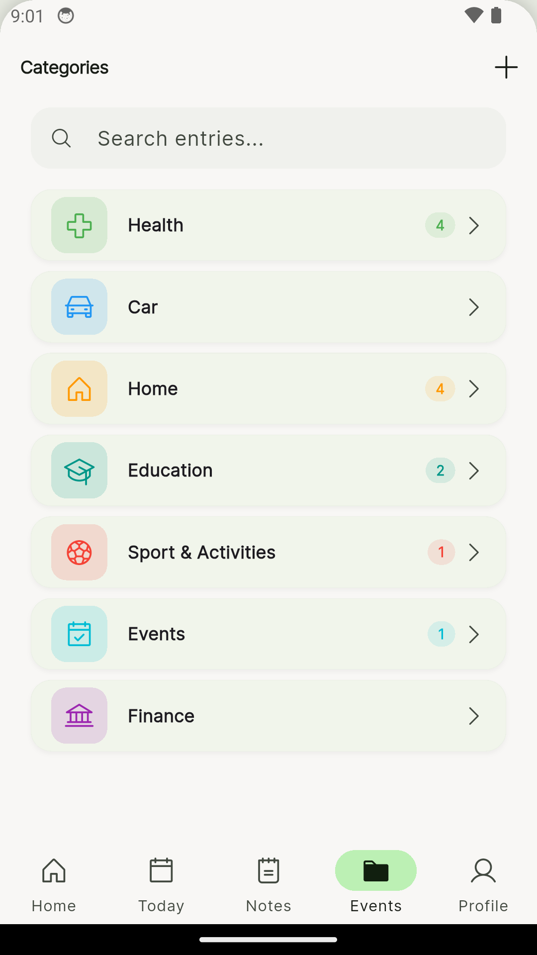 BusyDad categories — Health, Car, Home, Education, Sport, Events, Finance