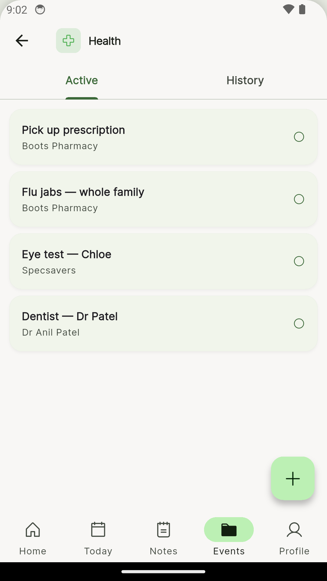BusyDad health entries — prescriptions, eye tests, dentist appointments