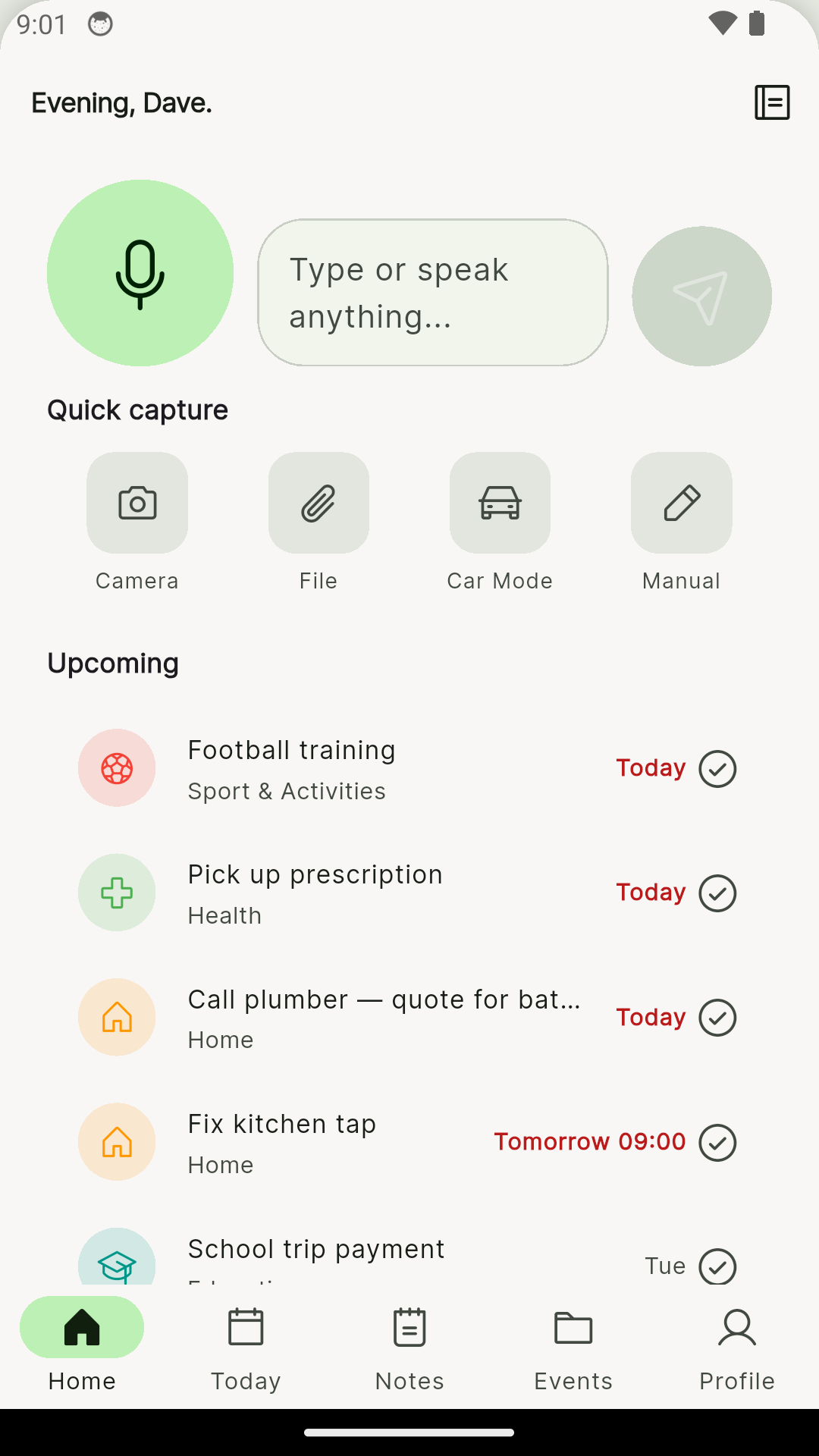 BusyDad home screen — voice, camera, and text capture with upcoming tasks