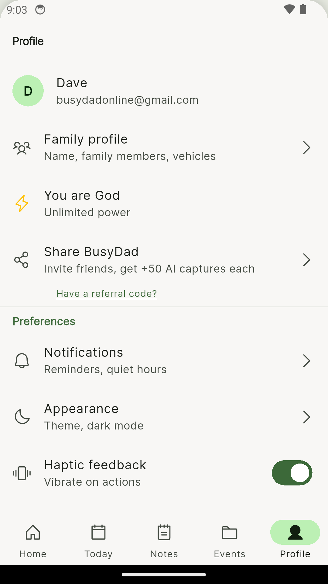 BusyDad profile — family settings, notifications, appearance